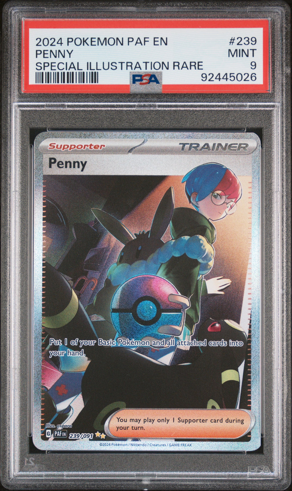 2024 Pokemon Paf En-Paldean Fates #239 Penny Special Illustration Rare PSA 9